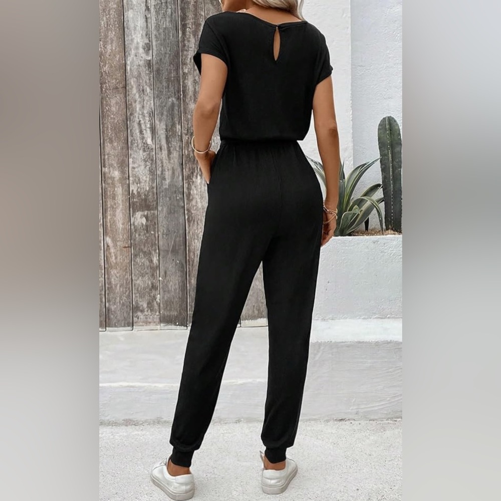 Black Drawstring Casual Jumpsuit with Pockets – Size M – Soft Stretchy Fabric - Picture 3 of 3
